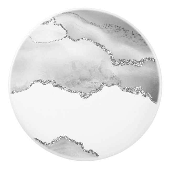 Grey White Marble Agate Simple Silver Glitter Ceramic Knob (Front)