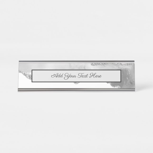 Grey White Marble Agate Simple Silver Glitter Desk Name Plate (Front)