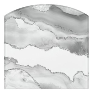 Grey White Marble Agate Simple Silver Glitter Door Sign