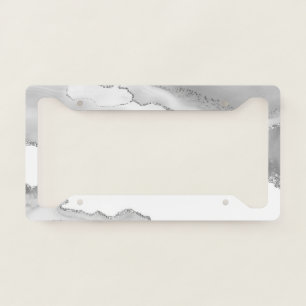 Grey White Marble Agate Simple Silver Glitter License Plate Frame