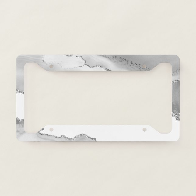 Grey White Marble Agate Simple Silver Glitter License Plate Frame (Front)