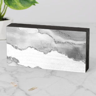 Grey White Marble Agate Simple Silver Glitter Wooden Box Sign