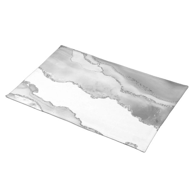 Grey White Marble Agate Simple Silver Sparkle Cloth Placemat (On Table)