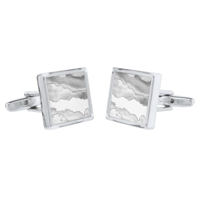 Grey White Marble Agate Simple Silver Sparkle Cufflinks (Angled)