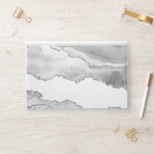 Grey White Marble Agate Simple Silver Sparkle HP Laptop Skin (Desk)
