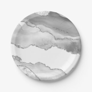 Grey White Marble Agate Simple Silver Sparkle Paper Plates