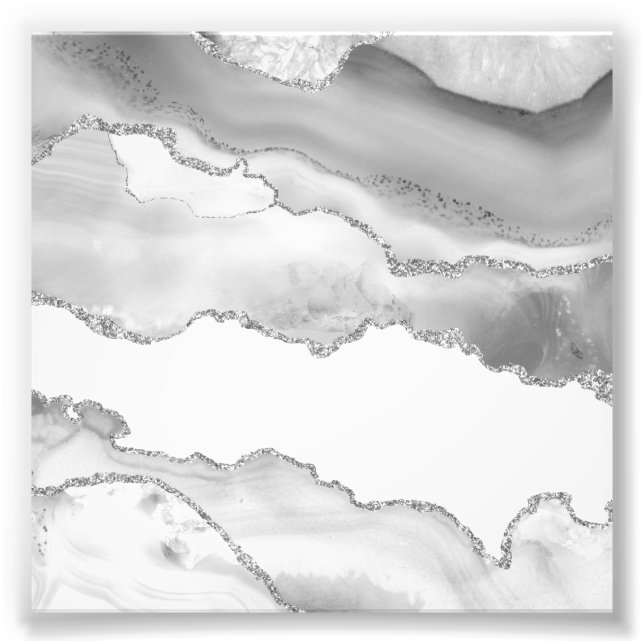 Grey White Marble Agate Simple Silver Sparkle Photo Print (Front)