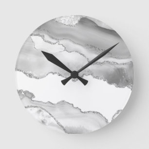 Grey White Marble Agate Simple Silver Sparkle Round Clock