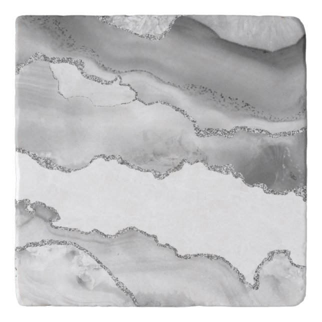 Grey White Marble Agate Simple Silver Sparkle Trivet (Front)