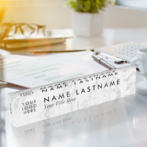 Grey White Marble Custom Logo Desk Nameplate