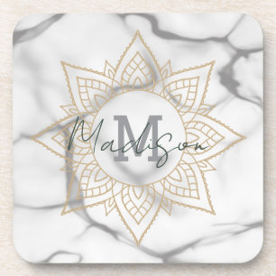 Grey & White Marble Effect Gold Mandala Monogram Beverage Coaster