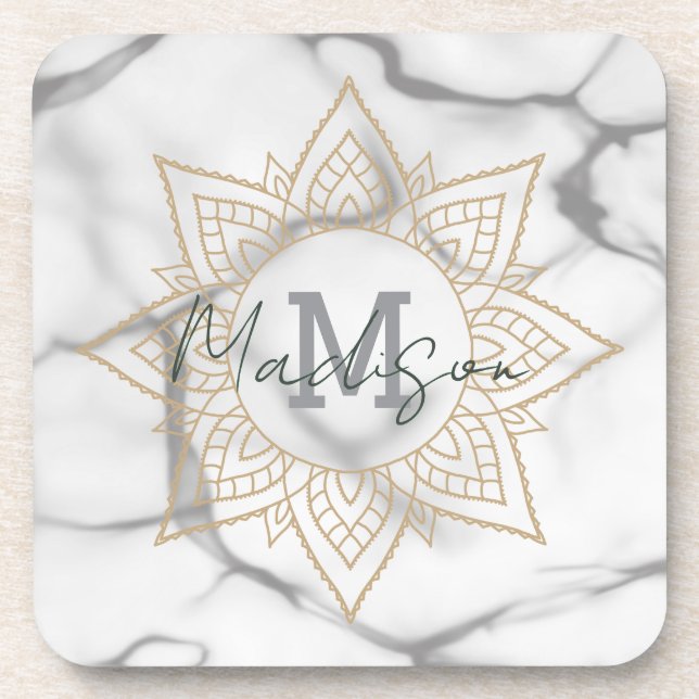 Grey & White Marble Effect Gold Mandala Monogram Beverage Coaster (Front)