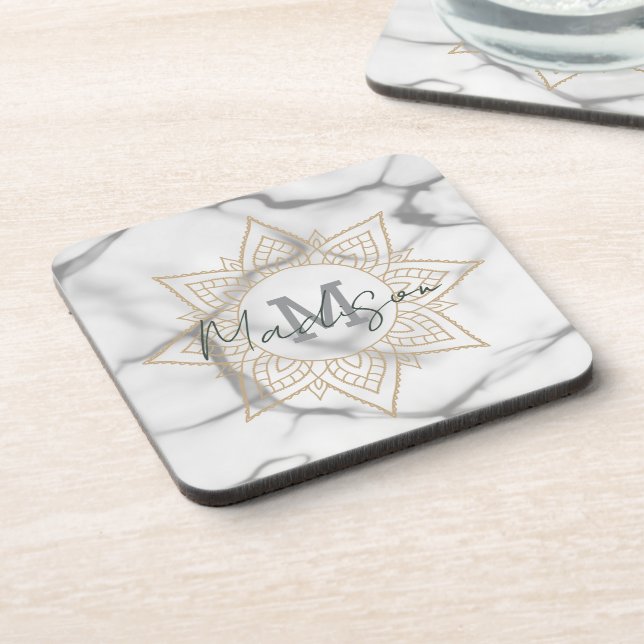 Grey & White Marble Effect Gold Mandala Monogram Beverage Coaster (Left Side)