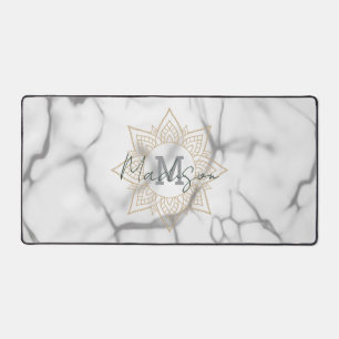 Grey & White Marble Effect Gold Mandala Monogram Desk Mat