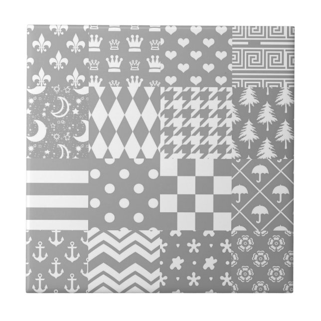 Grey White Mixed Patterns Patchwork Design  Ceramic Tile (Front)