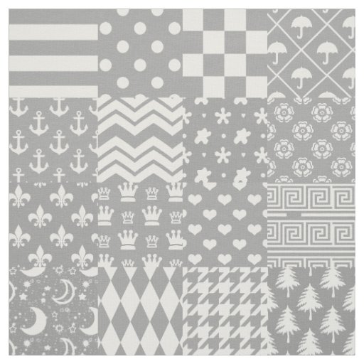 Grey White Mixed Patterns Patchwork Design  Fabric