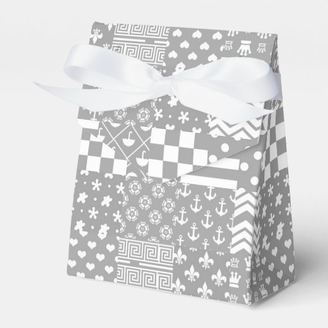 Grey White Mixed Patterns Patchwork Design  Favor Boxes (Front Side)