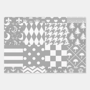 Grey White Mixed Patterns Patchwork Design Wrapping Paper Sheets