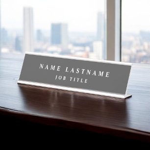 Grey White Modern Elegant Professional Classy Desk Name Plate