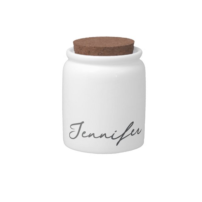 Grey White Modern Minimalist Handwriting Name Candy Jar (Front)