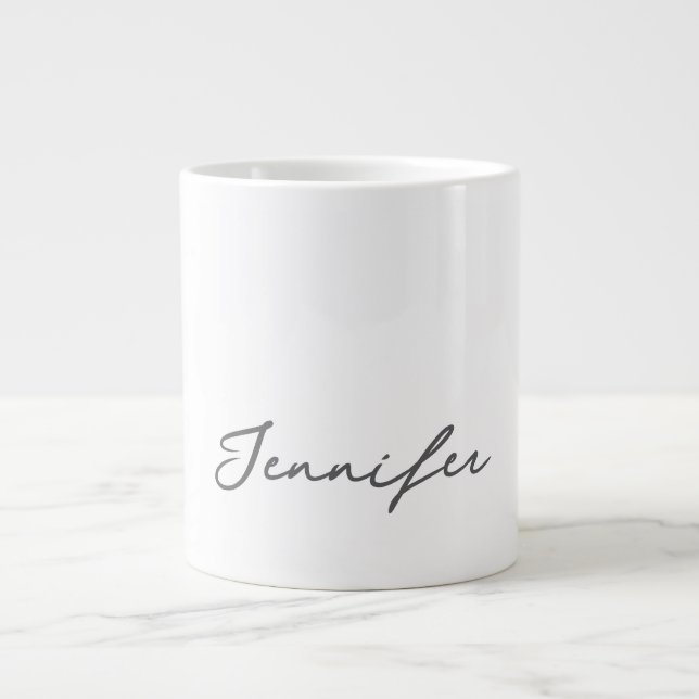 Grey White Modern Minimalist Handwriting Name Giant Coffee Mug (Front)