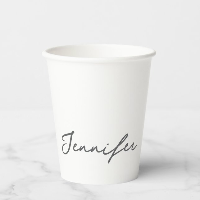 Grey White Modern Minimalist Handwriting Name Paper Cups (Front)