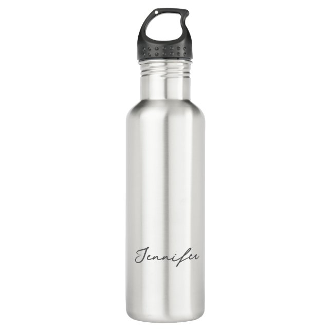 Grey White Modern Minimalist Handwriting Name Stainless Steel Water Bottle (Front)