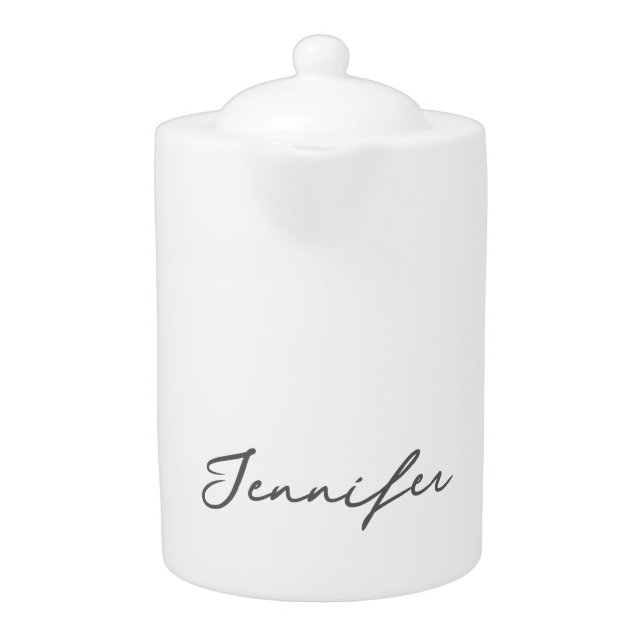 Grey White Modern Minimalist Handwriting Name Teapot (Front)