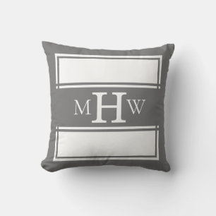 Grey & White Monogrammed Banner with Border Throw Pillow