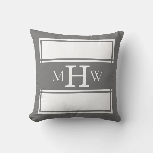 Grey & White Monogrammed Banner with Border Throw Pillow (Front)