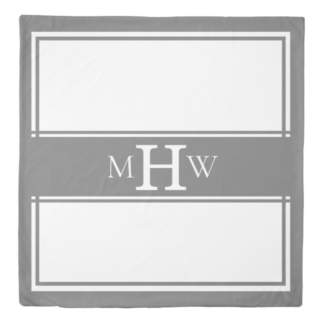 Grey & White Monogrammed Border Banner Queen Duvet (Front)