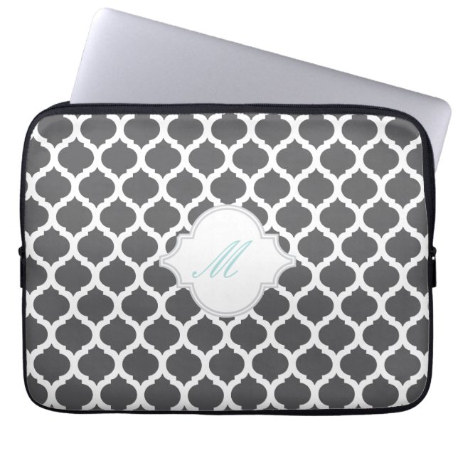 Grey & White Moroccan with Monogram Laptop Sleeve (Front)