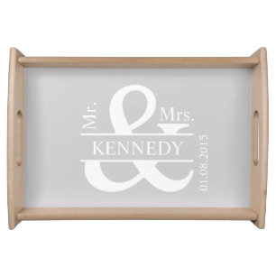 Grey White Newly Weds Custom Monogram Serving Tray