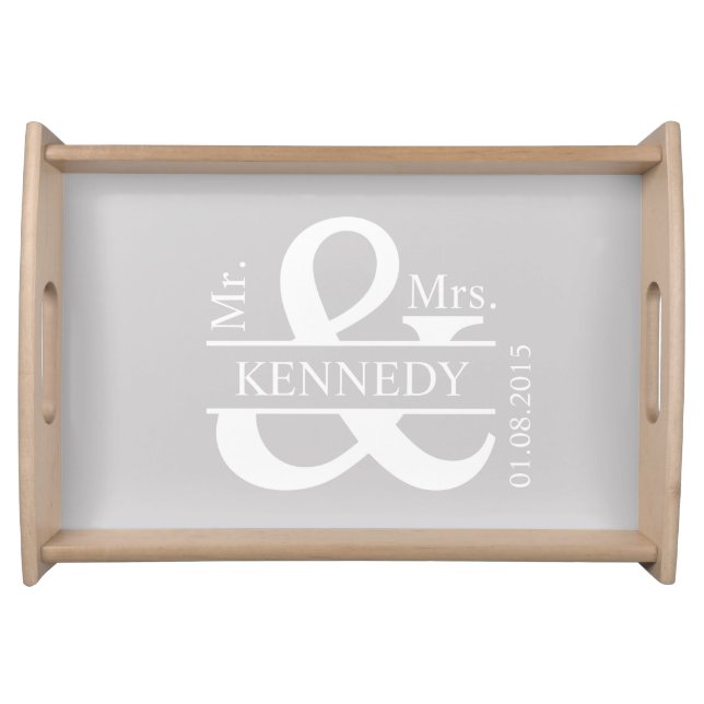 Grey White Newly Weds Custom Monogram Serving Tray (Front)
