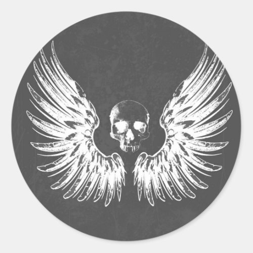 Grey  White Rock Angel Wings Skull Classic Round Sticker