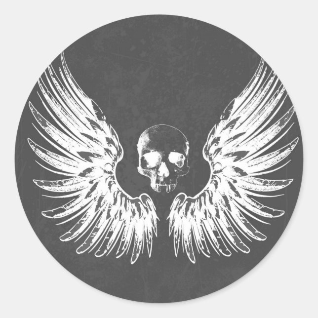 Grey & White Rock Angel Wings Skull Classic Round Sticker (Front)
