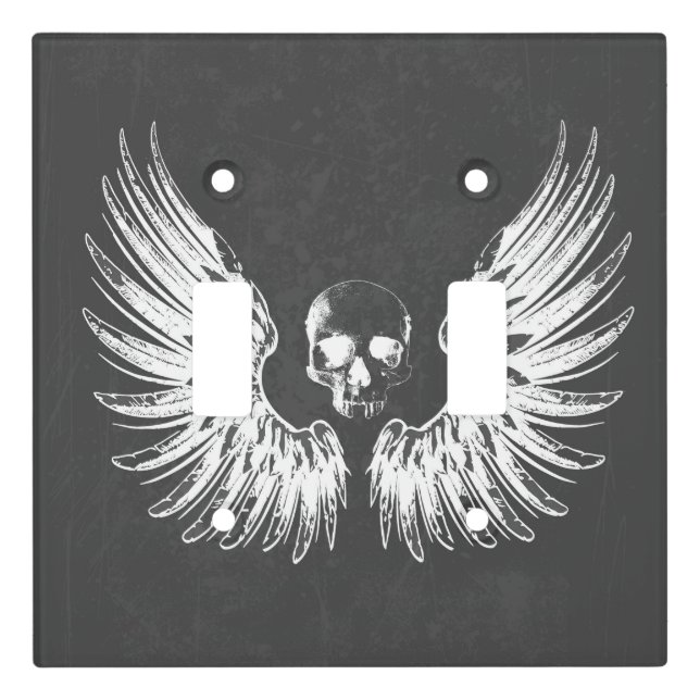 Grey & White Rock Angel Wings Skull Light Switch Cover (Front)