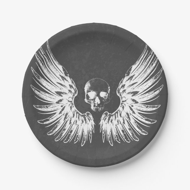 Grey & White Rock Angel Wings Skull Paper Plates (Front)