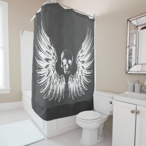 Grey  White Rock Angel Wings Skull Shower Curtain