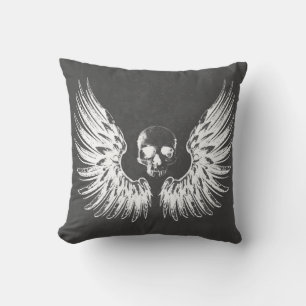 Grey & White Rock Angel Wings Skull Throw Pillow