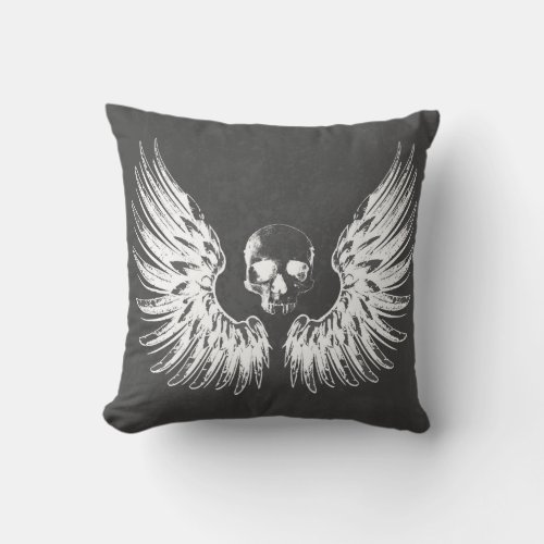 Grey  White Rock Angel Wings Skull Throw Pillow