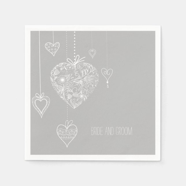 Grey White Romantic Hearts Wedding Paper Napkins (Front)