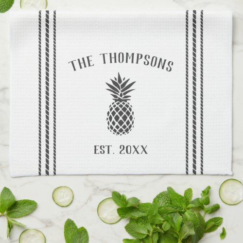 Grey  White Rustic Pineapple Personalized Kitchen Towel