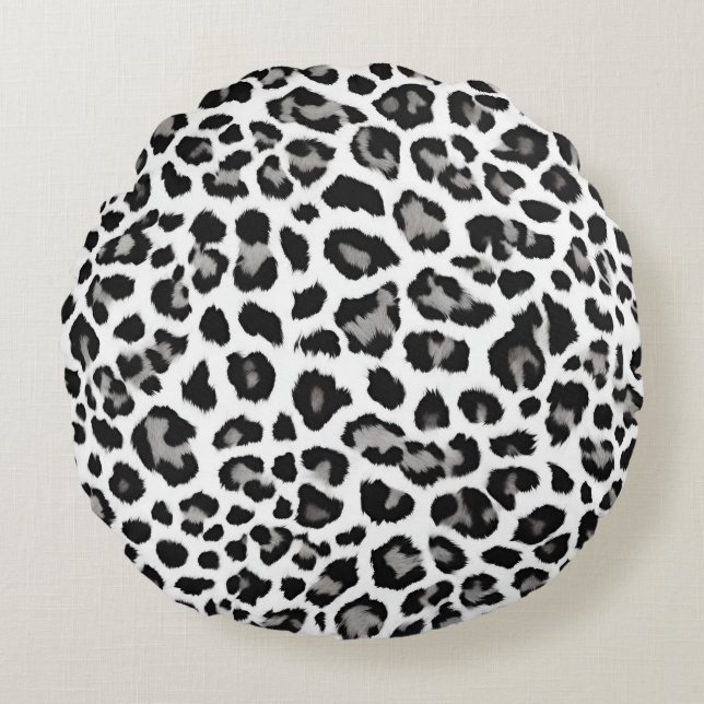 Grey White Snow Leopard Print Round Pillow (Front)