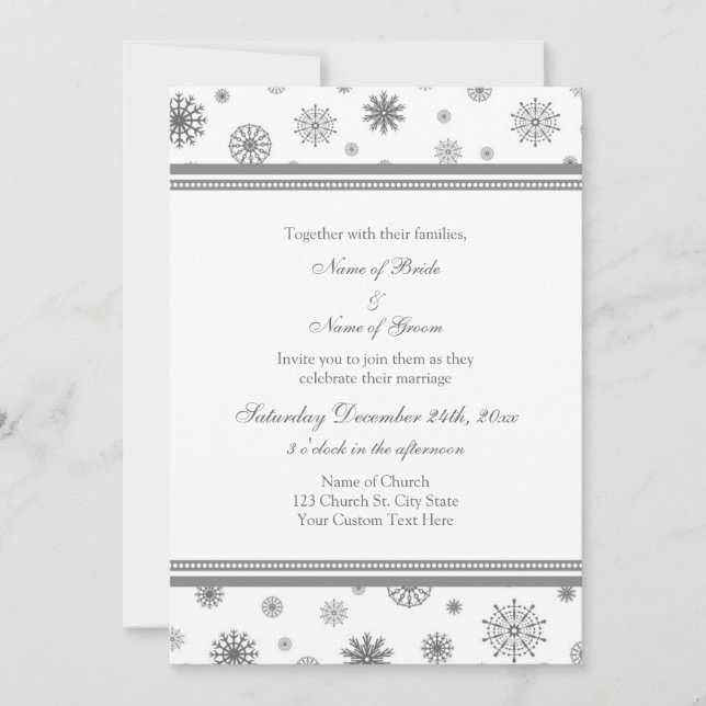 Grey White Snow Winter Wedding Invitation Cards (Front)