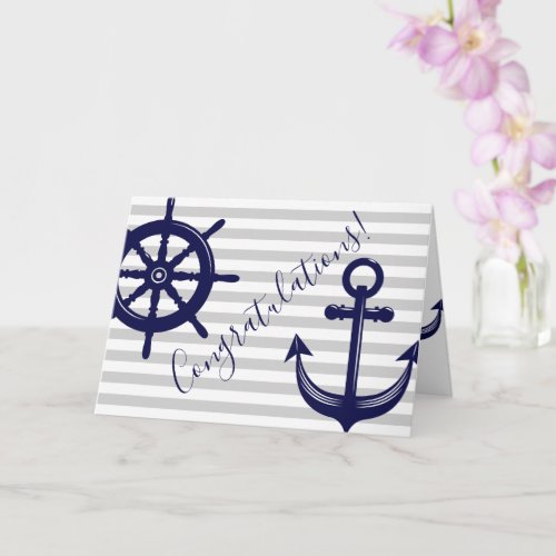 Grey White Stripe Anchor Ship Wheel Nautical Card