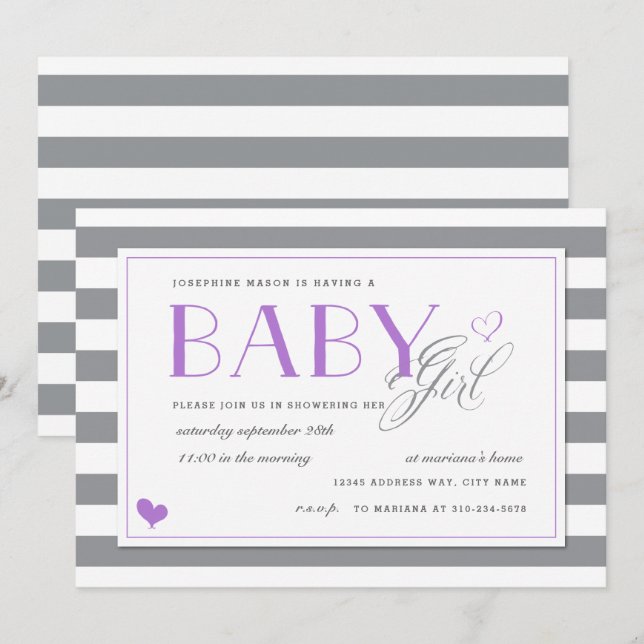 Grey & White Stripe Baby Shower + Lavender Purple Invitation (Front/Back)