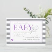 Grey & White Stripe Baby Shower + Lavender Purple Invitation (Standing Front)