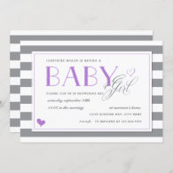 Grey & White Stripe Baby Shower   Lavender Purple Invitation