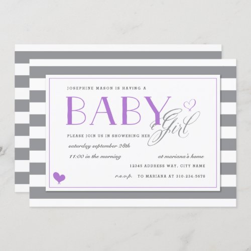 Grey  White Stripe Baby Shower  Lavender Purple Invitation